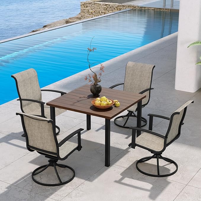 Grand patio 5-Piece Outdoor Dining Set for 4, Patio Dining Set with Swivel Patio Chairs & 1 Square Woodgrain Dining Table with Umbrella Hole, Coffee