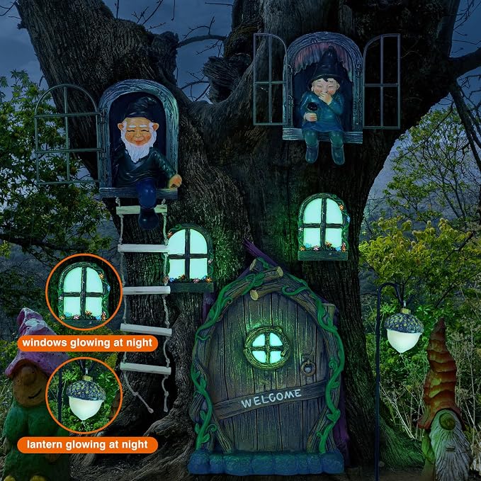 7 Pcs Fairy Garden Accessories Tree Hugger Gnome Statue Tree Faces | Fairy Door Window Set Dwarf Elf Landscape Figurine Out The Door Resin Sculpture Hanging Decor for Trees Outdoor Decor