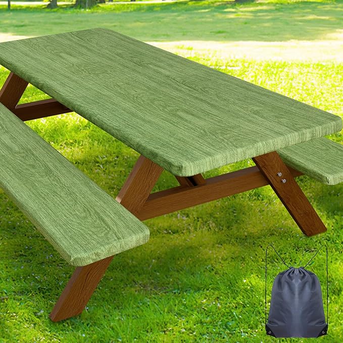 Smiry Picnic Table Cover with Bench Covers, Waterproof Elastic Fitted Tablecloth for 5 Foot Tables, Washable Polyester Tablecloths for Camping, Indoor & Outdoor (Green & Black, 30x60 Inch 3-pc Set)