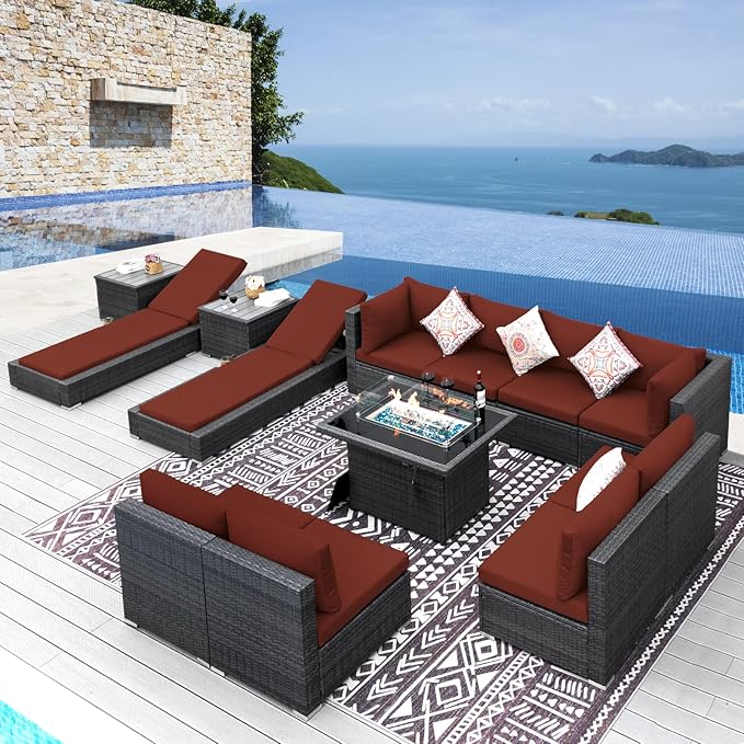 NICESOUL 13 Piece Outdoor Sectional w/Fire Pit Table, Luxury Modular Patio Furniture Set w/Chaise Lounge, Plus 29.3'' High-Back Seating Sofa, All-Weather Deck Couch for Poolside, Yard, Grey & Red