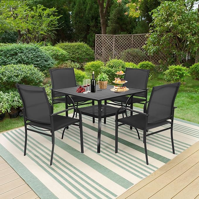 5-Piece Patio Dining Set,4 Person Outdoor Table and Chairs Set, 4 Metal Dining Chairs and Square Outdoor Table with 1.57" Umbrella Hole,Black