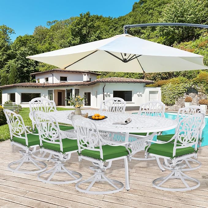 9-Piece Patio Dining Set, Outdoor Patio Table and Chair Set of 84” Oval Cast Aluminum Dining Table with Umbrella Hole, 8 Patio Dining Swivel Chairs Padded, Patio Funiture Set, White