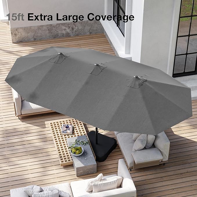 Joyside 15FT Large Patio Umbrella, Outdoor Double Sided Umbrella, Rectangle Umbrella with Crank Handle, 12 Sturdy Ribs for Deck, Porch and Pool