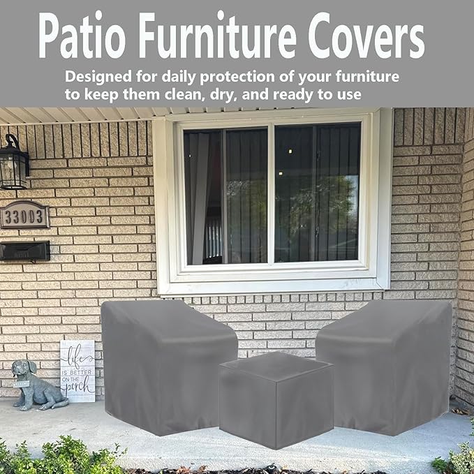 3 Piece Outdoor Veranda Patio Garden Furniture Cover Set with 420D Waterproof Fabric, Patio Furniture Covers Set with Windproof Buckle Strap Fit for Outdoor Wicker Rattan Chair Sets, Grey
