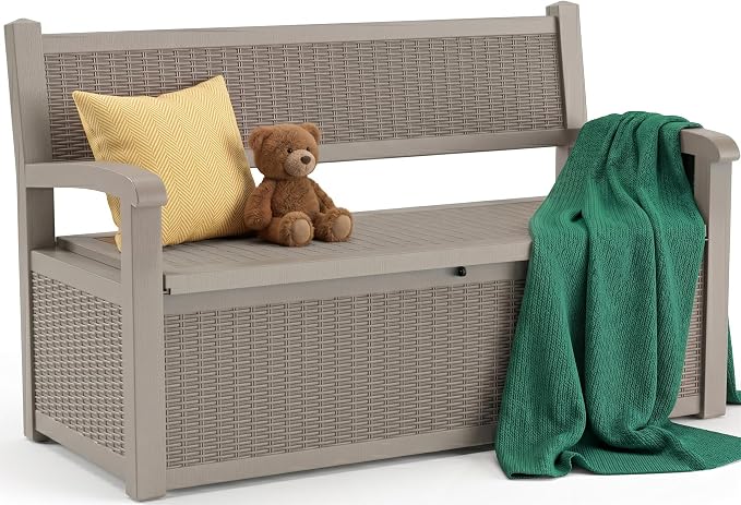 Storage Bench Outdoor Deck Box,100 Gallon Waterproof & UV Resistant Lockable Patio Furniture Seating.Indoor/Outdoor Shoe Storage Cabinet for Garden Cushions,Tools,Patio,Pool Supplies
