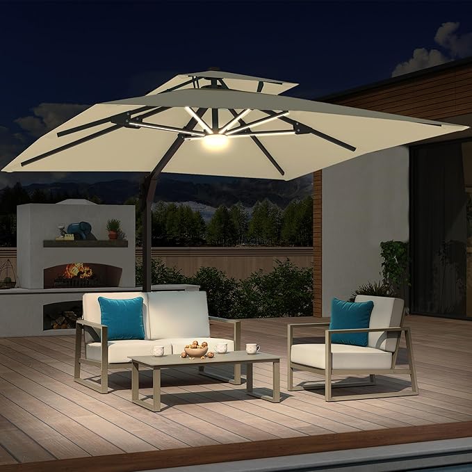 10x10 FT Cantilever Patio Umbrella with Led Lights Double Top Outdoor Square Large Heavy Duty Aluminum Offset Umbrellas with 7 Level Tilt 360-degree Rotation for Pool Garden Deck, Beige