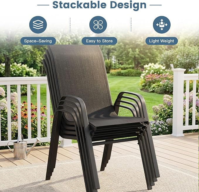 DIFY 7 Piece Outdoor Dining Set, 50" Black Round Metal Patio Table and Dark Grey Textilene Stackable Chairs for 6, All Weather Patio Furniture Set with Umbrella Hole for Backyard Garden Deck