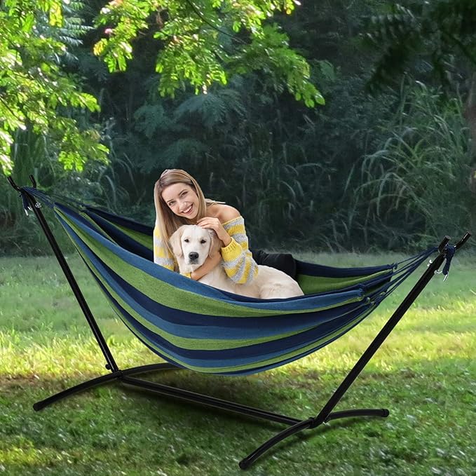 Double Cotton Hammock with Space Saving Adjustable Steel Stand, 550lbs Capacity Accommodates 2 People Portable Hammock and Frame, Camping Indoor Outdoor Use, Oasis Stripe