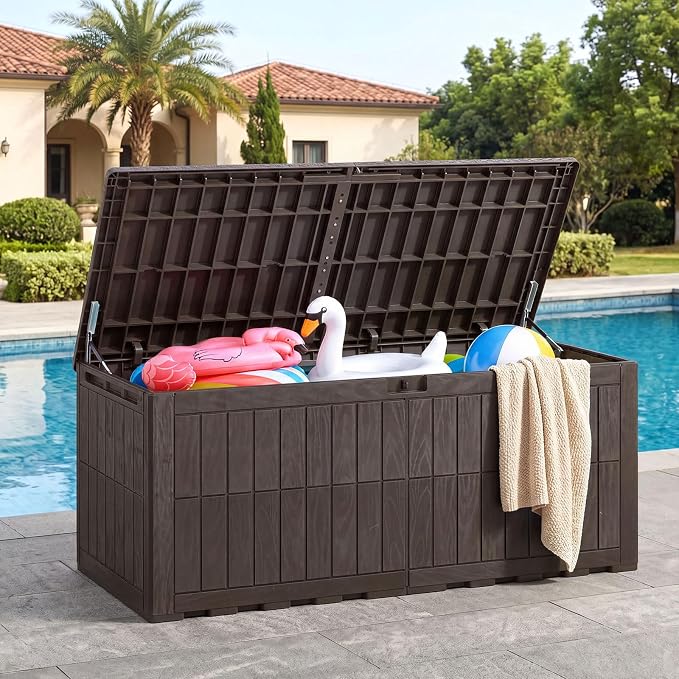 HAPPYGRILL 180 Gal Outdoor Deck Box, Lockable Storage Bin with Lid and Handles, Waterproof and Sun-Protective Patio Bench and Storage Box for Garden Tools Pool Supplies (Dark Brown, 180Gallon)