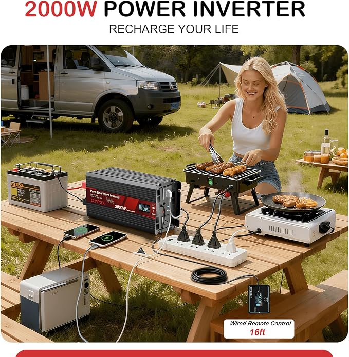2000W Power Inverter 24V to 110V 120V AC Pure Sine Wave Inverter for RV Truck Camping,Outdoor Off-Grid Power Converter with LCD Display,Wired Controller,AC Outlets USB Ports(24V-2000Watts)