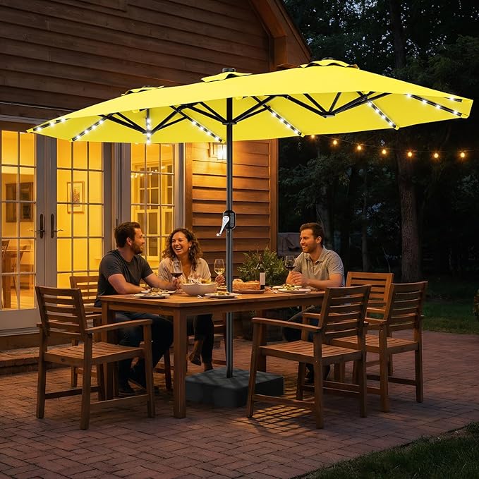 AreShark 13 FT Patio Umbrella with Solar Lights, Double-Sided Outdoor Table Umbrellas with Crank, Large Rectangular Market Umbrella for Porch, Lawn, Pool, Backyard, Yellow