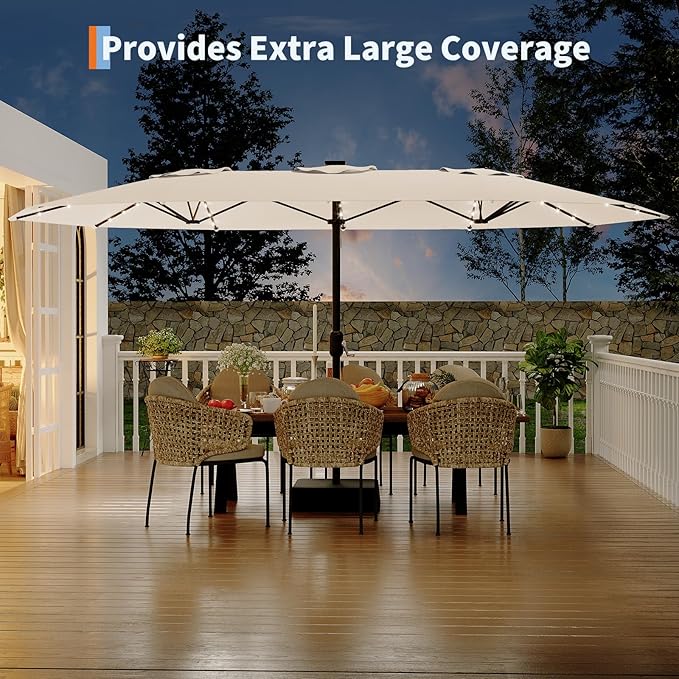 KYBOLT 15 Ft Large Patio Umbrella with Solar Lights, Outdoor Double-Sided Rectangle Umbrella with Base, Outdoor Umbrella for Backyard, Pool, Patio, Beige