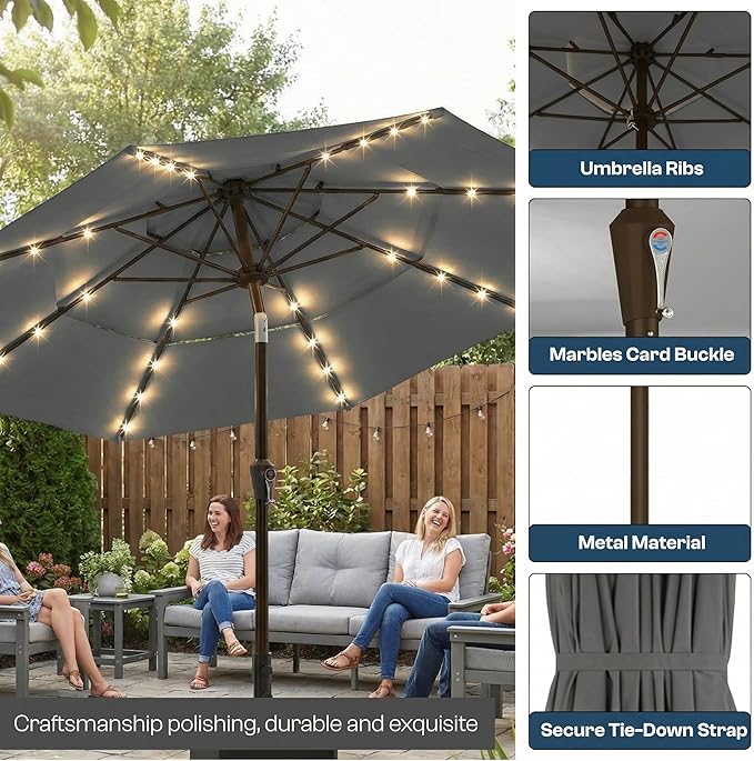 10ft 3-Tier Patio Umbrella with 32 Solar Powered LED Lights, Windproof Outdoor Market Umbrella for Deck, Poolside & Garden, Sturdy Push-Button Tilt Table Umbrella, Gray