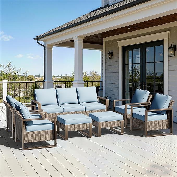 7 Pieces Metal Wicker Patio Furniture Set - 75" Sofa, Four Armchairs and Two Ottomans, All Weather Rattan Outdoor Conversation Furniture with Washable Cushion for Deck Porch, Baby Blue