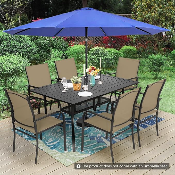 Incbruce 8 Pieces Patio Dining Set with Dark Blue Umbrella, Outdoor Dining Set of 6 Textilene Chairs and Rectangle Table with Umbrella Hole for Backyard, Garden, and Poolside (Brown)