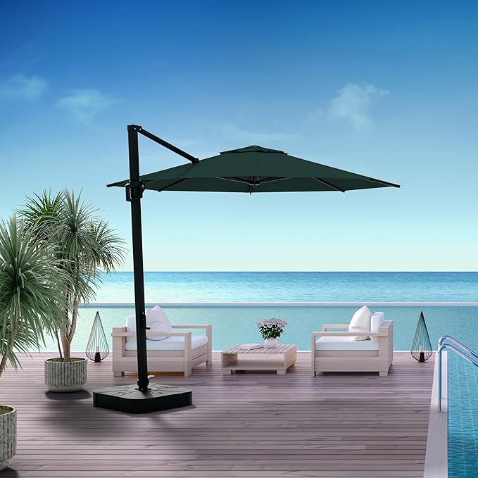 Midtown Umbrellas 10 Ft Outdoor Cantilever Patio Umbrella w/Terylast Forrest Dark Green Fabric - Tilt 360° Offset Patio Umbrella, Deck Patio Umbrella, Backyard Umbrella & Garden Umbrella - Black Frame