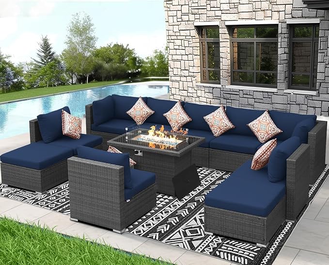 NICESOUL 11 Piece Outdoor Furniture Set with Firepit Table, Luxury 10-Person Patio Sectional Sets, 29.3'' High-Back Backyard Seating Area, All-Weather Rattan Couch Set for Outside, Deck, Grey&Blue