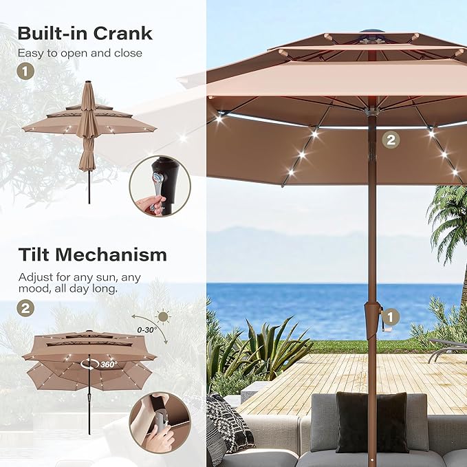 EO Living 10ft Patio Umbrella with Solar LED Lights,3-Tier Wind Resistant Outdoor Market Umbrella with Flexible 8 Ribs & Push Button Tilt, Solar Powered Umbrella for Deck, Poolside, Garden, Beige