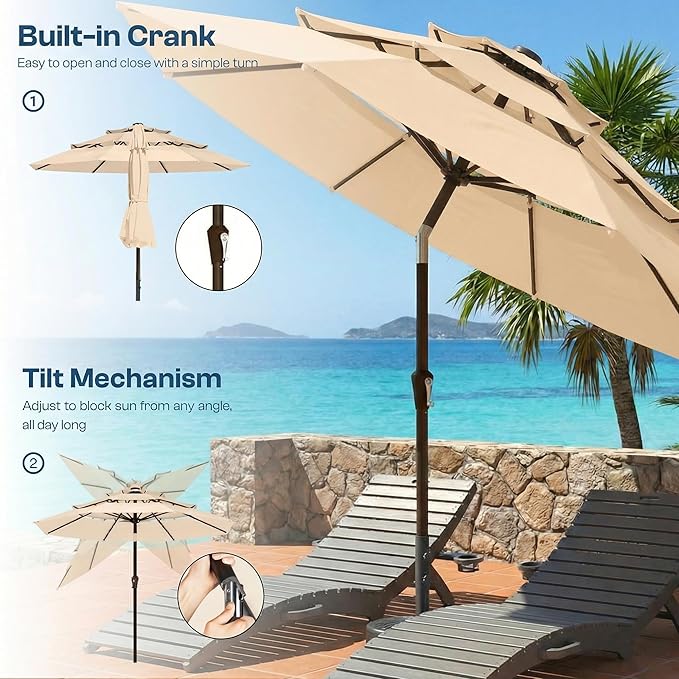 10ft Patio Umbrella, 3 Tier Outdoor Market Table Umbrellas with 8 Fiberglass Ribs and Push Button Tilt, Windproof, Vented Canopy, UV Protection for Deck, Pool, Backyard