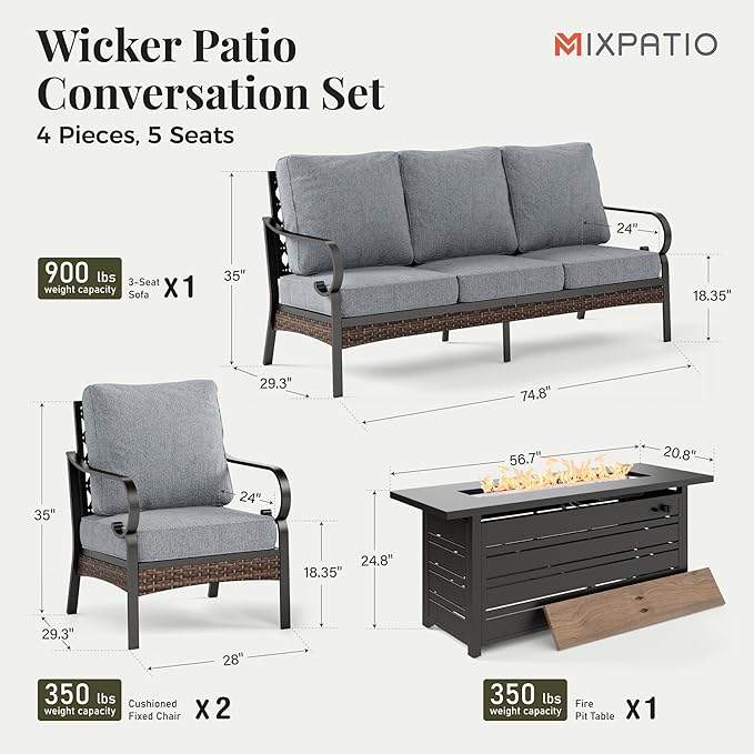 Patio Furniture Set with Fire Pit Table, 4 PCS Metal Outdoor Conversation Set with 5.75'' Extra Thick Cushion, 2 Chairs, 3-Seat Sofa and Gas Fire Pit Table, Grey