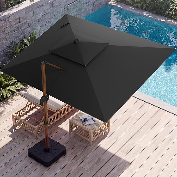 10x13 FT Wood Pattern Patio Umbrella with Base, Large Deluxe Cantilever Rectangular Double Top Heavy Duty Offset Umbrellas with 360° Rotation, Outdoor shade for Garden Pool Patio, Black