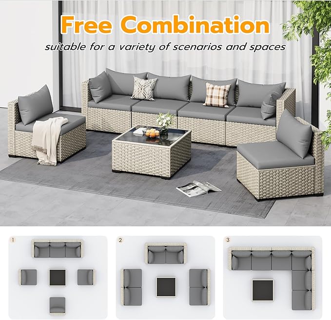 UDPATIO Outdoor Patio Furniture Set, 7-Piece PE Wicker Sectional Sofa with Tea Table, Outdoor Conversation Set for Patio, Garden, Backyard Grey