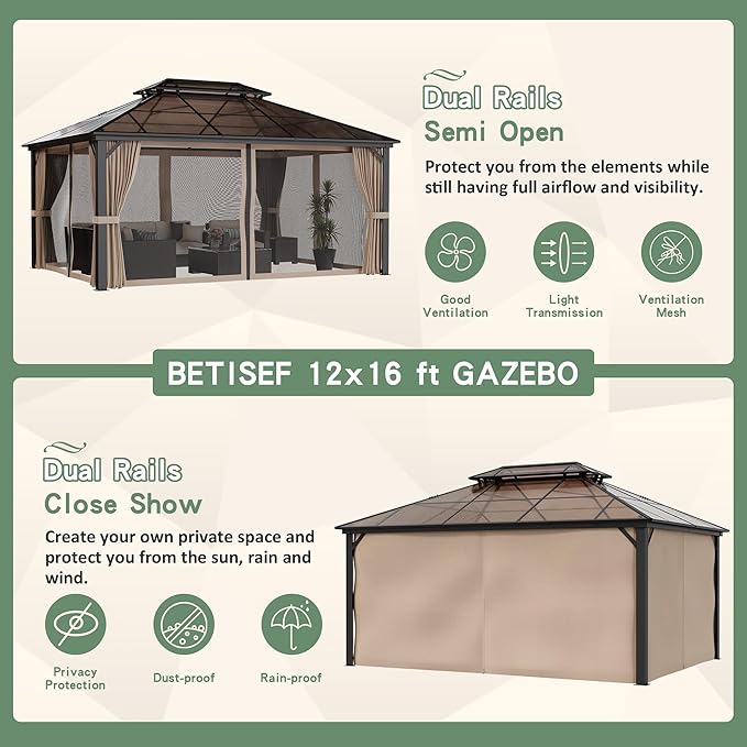 12'x16' Hardtop Gazebo, Outdoor Polycarbonate Roof Canopy, Aluminum Frame Permanent Pavilion with Curtains and Netting, Sunshade for Garden, Patio, Lawns
