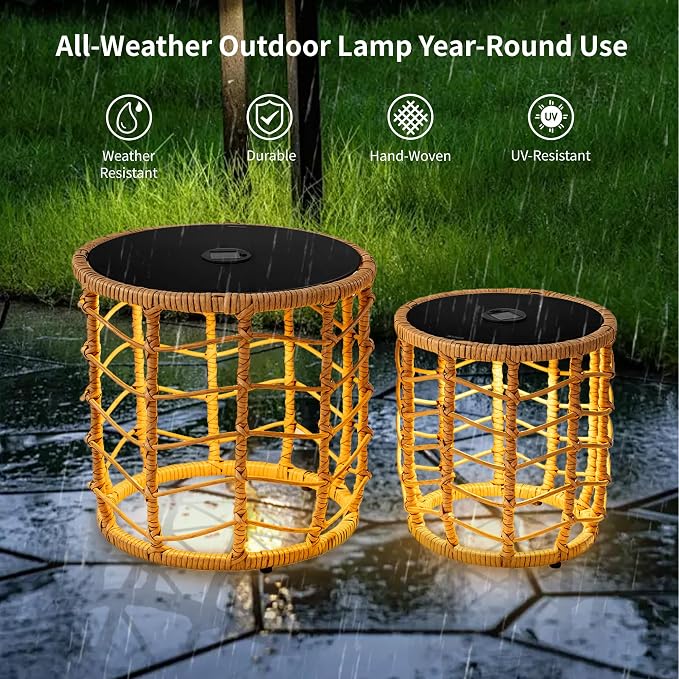 PROHIKER Solar Nesting Tables with Built-in Lights Set of 2, Outdoor PE Rattan Side End Table, Coated Steel Frame, 250lbs Capacity, All Weather for Patio, Porch, Garden, Balcony, Indoor