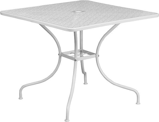 EMMA + OLIVER Commercial Grade 35.5" SQ White Indoor-Outdoor Steel Patio Table - Umbrella Hole