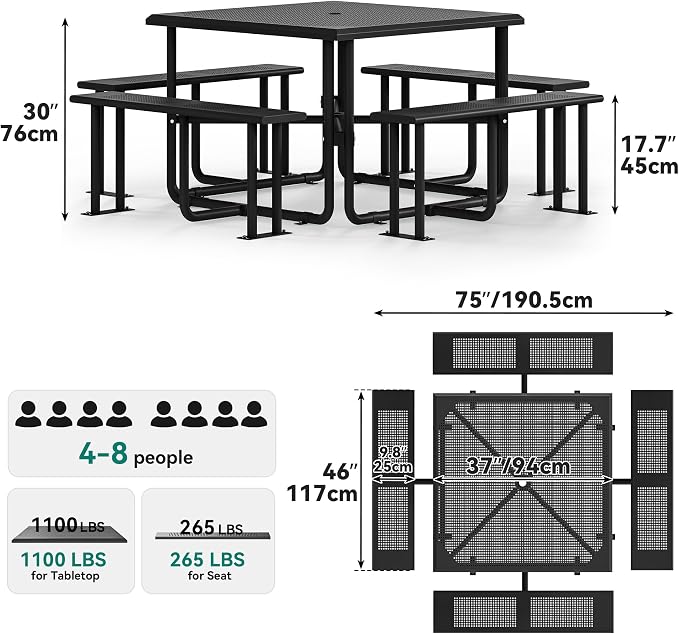 YITAHOME 37" Metal Picnic Table, Powder Coated Outdoor Picnic Table with Heavy-Duty Steel Frame, Adjustable Seats & Umbrella Hole for Yard, Patio, Lawn, Party, Black, Square
