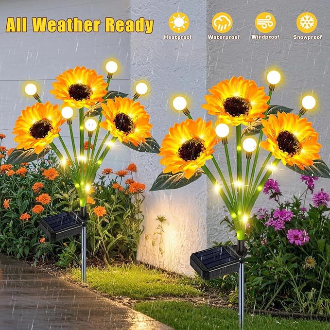 4 Pack Solar Sunflower Lights Outdoor Garden Decor, Upgraded with Firefly Lights, Waterproof Solar Flower Stake for Outside Yard Lawn Backyard, Gardening Gifts for Women Mom Grandma