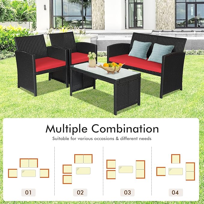 DORTALA 4 Pieces Patio Wicker Conversation Furniture Set, Outdoor Rattan Sofas with Bistro Sets with Coffee Table for Courtyard Balcony Wicker Chairs with Soft Cushion and Table, Red