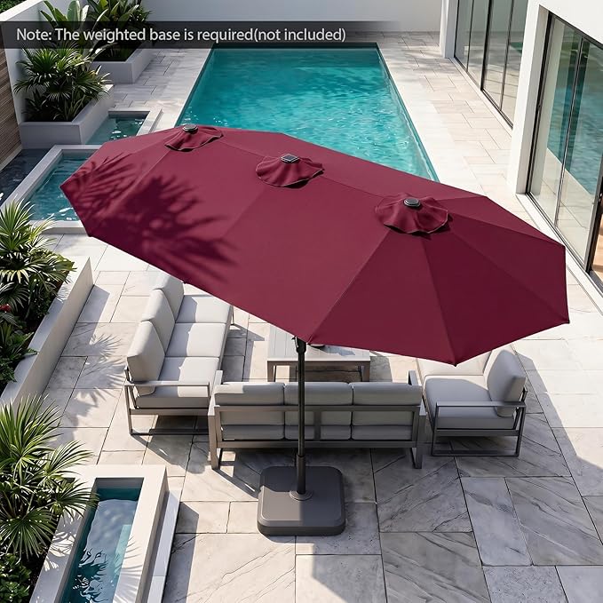 Tangkula 13 Ft Solar Patio Umbrella, Double-Sided Extra Large Outdoor Market Table Umbrella with 36 LED Lights, Crank Handle, 12 Sturdy Ribs for Poolside, Garden & Backyard (Burgundy)