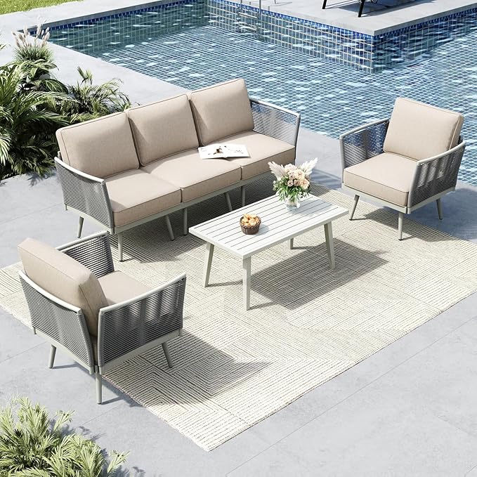 MFSTUDIO 6 Pieces Metal Patio Furniture Sets with Detachable Rope Rattan Armrest, 5 Seats Steel Outdoor Conversation Set All Weather Patio Sectional Couch with Coffee Table for Garden, Beige Cushion