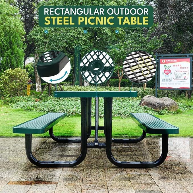 6 ft Outdoor Picnic Table with Umbrella Hole, Heavy-Duty Steel Frame, Rectangular Weather-Resistant Dining Table for Backyard, Patio & Garden, Green