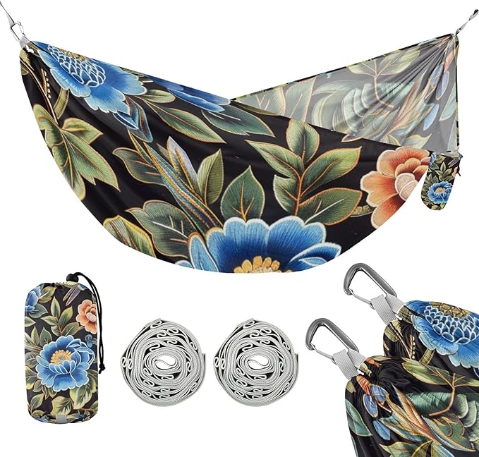 Blue and Pink Vintage Flowers 330lb Capacity Camping Hammocks with Portabl Carry Bag Cloth Hammock for Outside Beach Patio Garden Base para hamacas