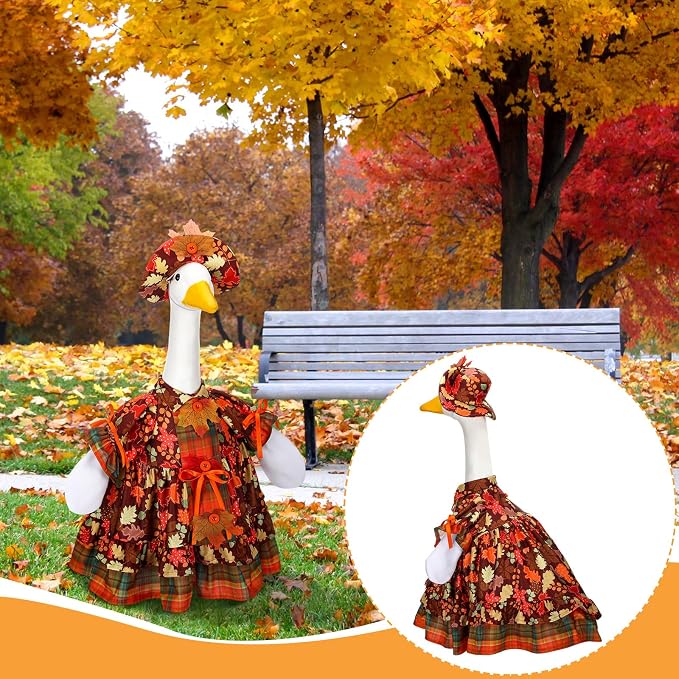 Suzile Fall Maple Porch Goose Outfit Autumn Goose Clothes for 23 Inch Cement or Plastic Geese Costume for Yard Lawn Outdoor Garden Patio Concrete Duck Statue Dress Thanksgiving Party Holiday Decor