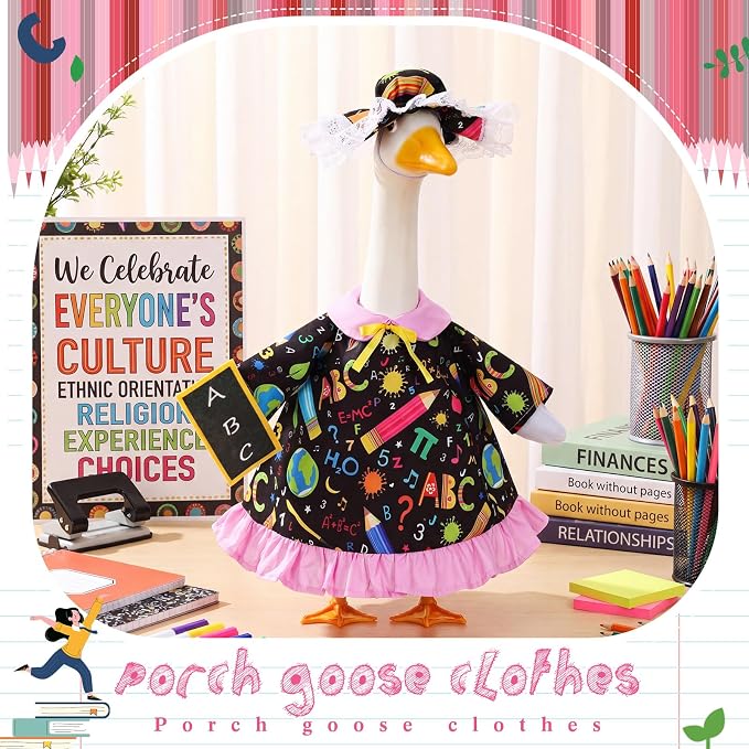 FuWeave Back to School Porch Goose Outfit Set for Plastic Statue Lawn Porch Goose Clothes with Schoolbag for Patio Decor