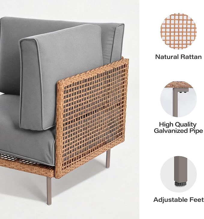 LAUSAINT HOME 5-Piece Outdoor Patio Furniture Set, Wicker Outdoor Conversation Set PE Rattan Sectional Sofa with Washable Cushions and Tempered Glass Table for Garden (Grey)