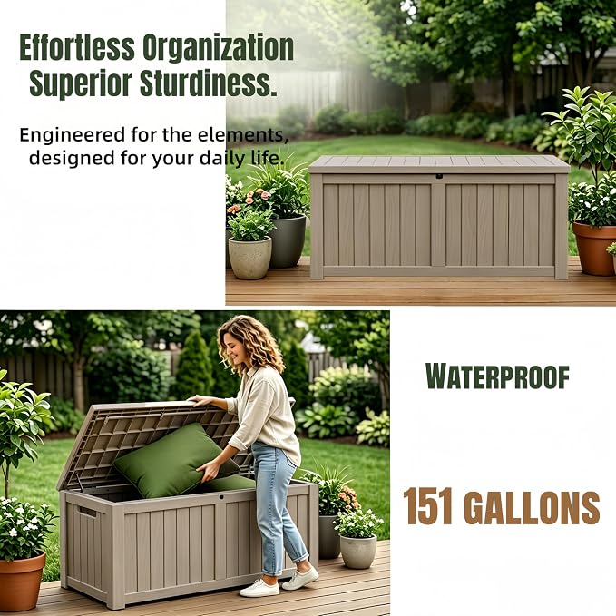 151 Gallon Large Resin Outdoor Storage Box, Waterproof Deck Box, Lockable Deck Container with Reinforced Support, Outdoor Chest for Patio Accessories, Outdoor Cushions, Garden Tools, Taupe Gray