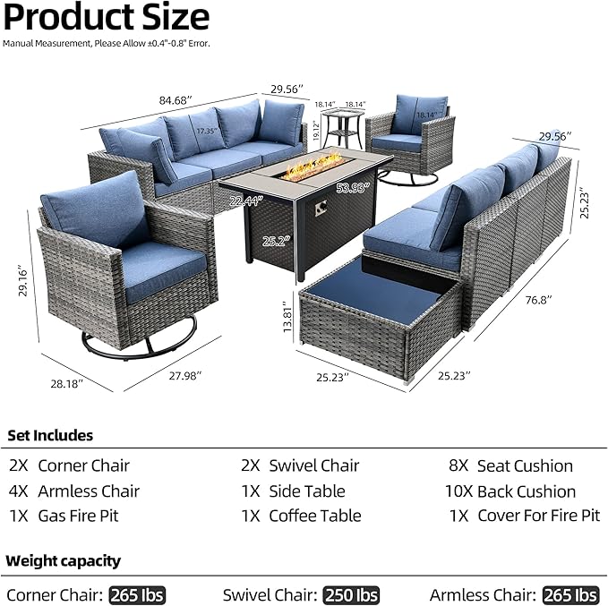 11 Piece Outdoor Patio Furniture Set with 53" Fire Pit Table, Wicker Sectional Conversation Set Whit Swivel Chairs,Modern Outside Sofa for Balcony Backyard(Blue)