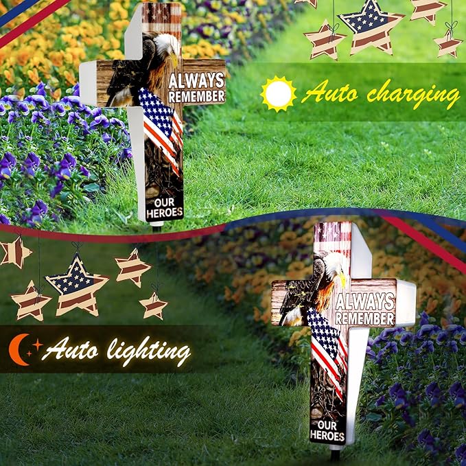 DoubleFill Memorial Day Patriotic Garden Stake Solar Lighted 4th of July Independence Veterans Day Solar Outdoor Yard Decorations Light up Night Cross Stake Decor for 4th of July Outside Patio Yard