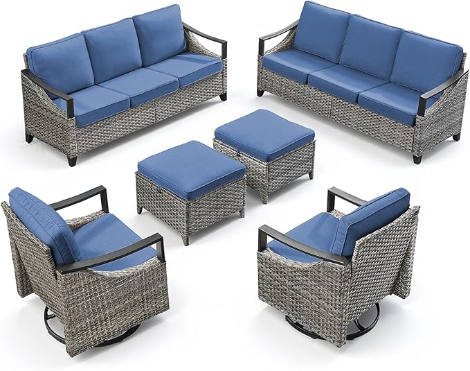 6 Piece Wicker Patio Furniture Sets-High Back Wicker Swivel Rocker Patio Chairs Set of 2 with Thick Cushions Ottomans, Outdoor Sofa, Patio Conversation Sets for Porch Balcony Patio Deck Grey/Blue