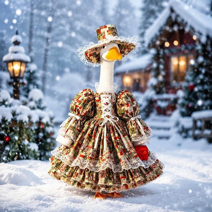 Suzile Christmas Porch Goose Outfit Xmas Present Goose Clothes for 23" High Cement or Plastic Geese Costume for Yard Lawn Outdoor Garden Patio Statue Xmas Duck Dresses Holiday Decor
