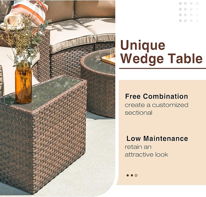 SUNSITT Outdoor 7-Piece Half-Moon Sectional Furniture Set with Round Coffee Table, Patio Curved Sofa Set, Beige Cushion and Brown Wicker, Incl. Waterproof Cover