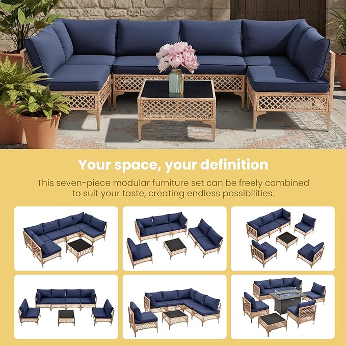 7 Piece Patio Furniture Set, Outdoor Sectional Wicker Conversation Set with Water Resistant Thick Cushions & Coffee Table for Poolside, Backyard, Garden, Yard, Natural/Blue
