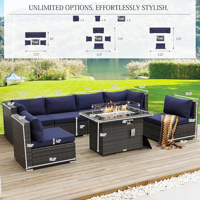 BULEXYARD 7 Piece High Back Outdoor Furniture Set with Fire Pit, Durable All Weather Wicker Patio Couch Sofa Set, Large Modular 6-Seater Sectional Backyard Seating Wide Deep for Lawn, Grey & Navy Blue