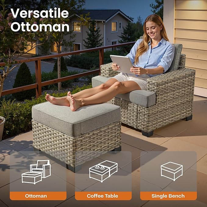 ovios 8 Piece Patio Sectional Furniture with Swivel Rocking Chairs, Rattan Wicker Coversation Couch Set, Outdoor Sofa Set for Outside Porch Balcony Backyard Pool, Dark Grey