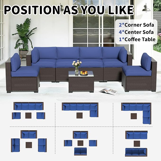 YLGJ&TIDY 7-Piece Outdoor Sectional Patio Furniture Set, All-Weather Wicker Rattan Sofa w/Thick Washable Cushions & Tempered Glass Table, Perfect for Garden, Poolside, Backyard (7, Navy Blue)