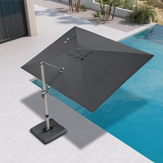 PURPLE LEAF 9' X 11' Patio Umbrella, Rectangle Outdoor Cantilever Umbrella, Aluminum Offset Umbrella with Champagne Frame and 360° Rotation for Pool Deck Garden, Black